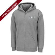 Load image into Gallery viewer, Pick Your Design Space Force Full Zip Hooded Sweatshirt (Grey)