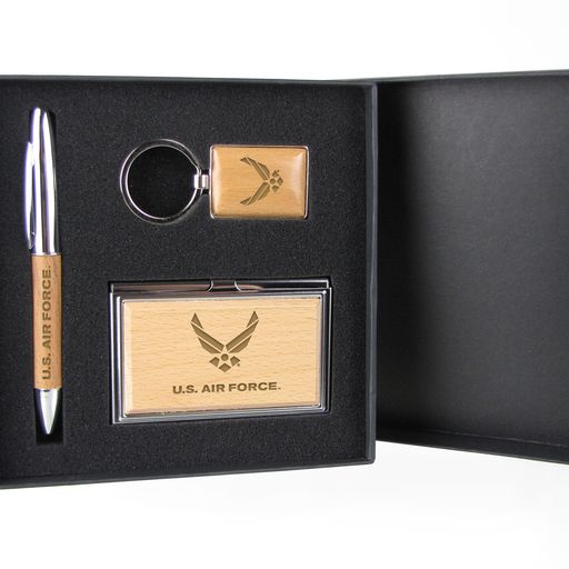 Air Force Wings Silver/Wood Gift Set with Pen, Keychain & Business Card Case