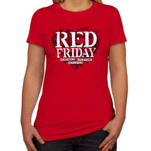 Load image into Gallery viewer, Ladies Red Friday Remember Everyone Deployed Heart T-Shirt (Red)