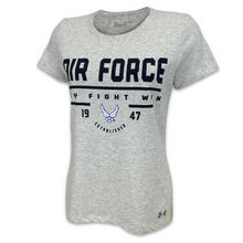 Load image into Gallery viewer, Air Force Ladies Under Armour Fly Fight Win T-Shirt (Silver Heather)